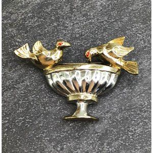 Vintage Brooch Two Birds Bird Bath Silver Gold Tones